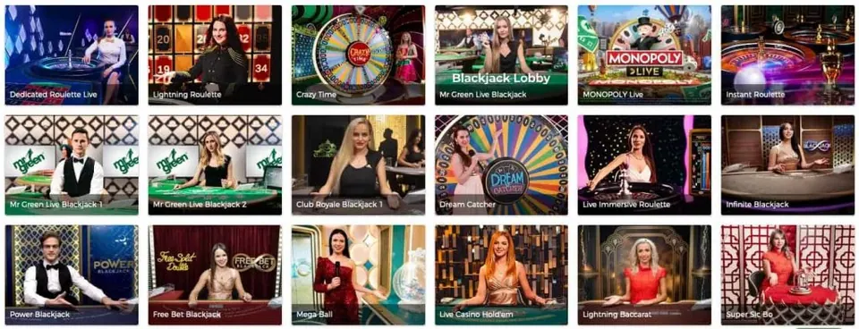 skjermbilde av live casino-spillene hos Mr Green, hentet fra nettstedet i 2020