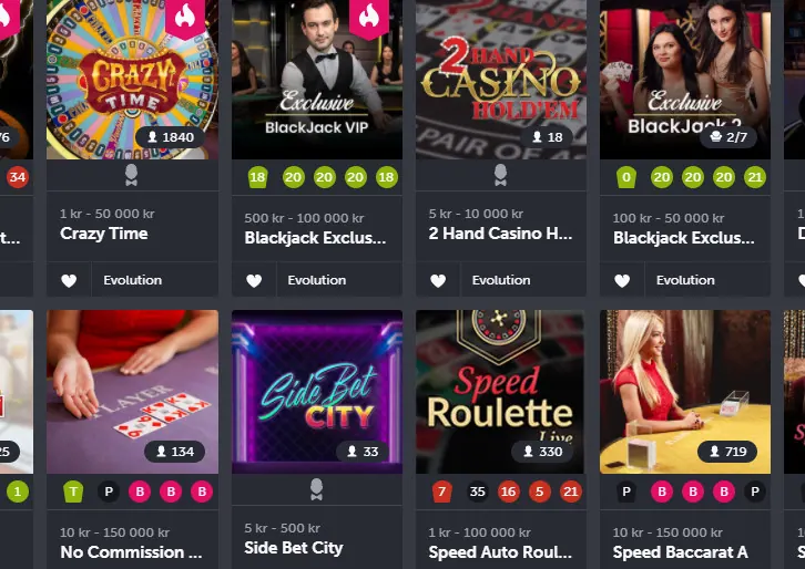 ComeOn live casino, skjermbilde fra 2020