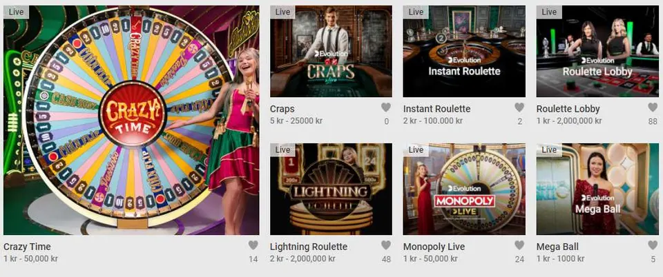 skjermbilde av live-delen hos Unibet casino fra 2020
