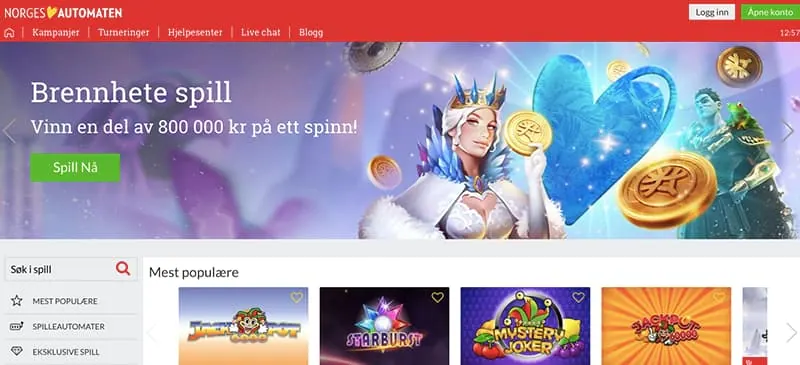 Skjermbilde av menyene hos NorgesAutomaten, arkivert