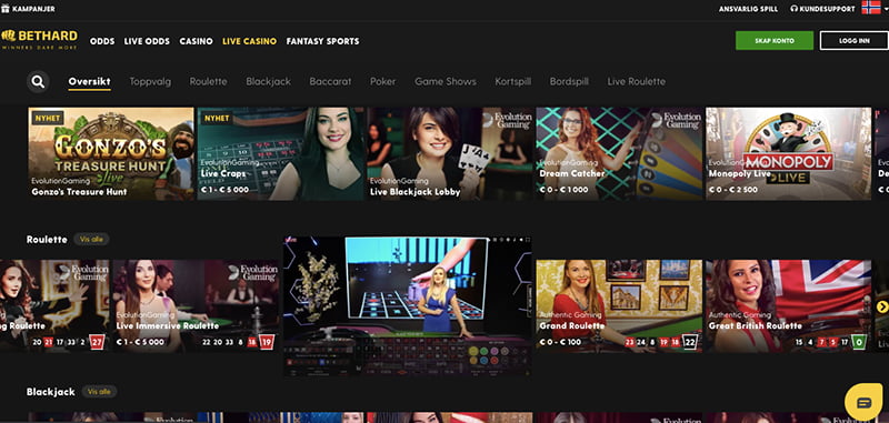 bethard casino interface live games