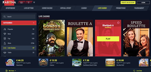 rabona casino interface live games