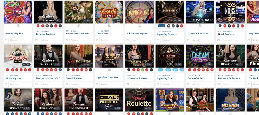 skjermbilde av live casino-spillene hos Folkeriket, hentet fra nettstedet i 2021