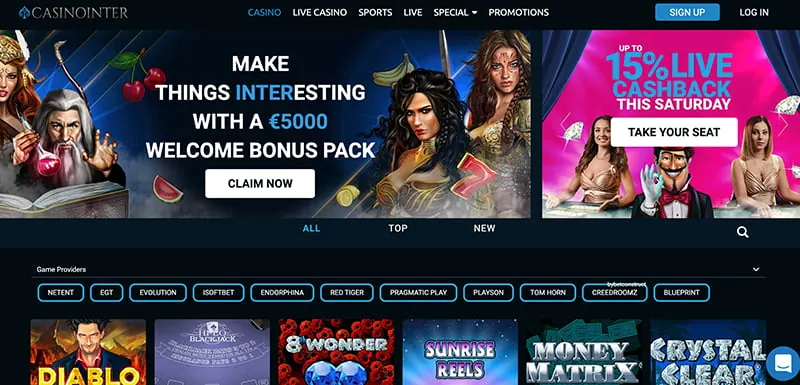 casinointer casino online interface screenshot